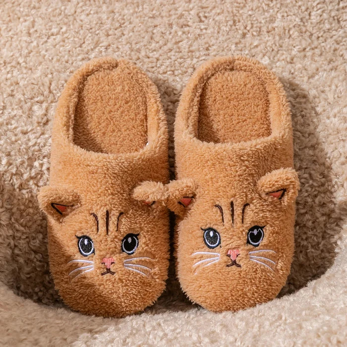 Soft women's cat-face plush slippers – cozy, comfortable indoor wear, non-slip sole for home warmth