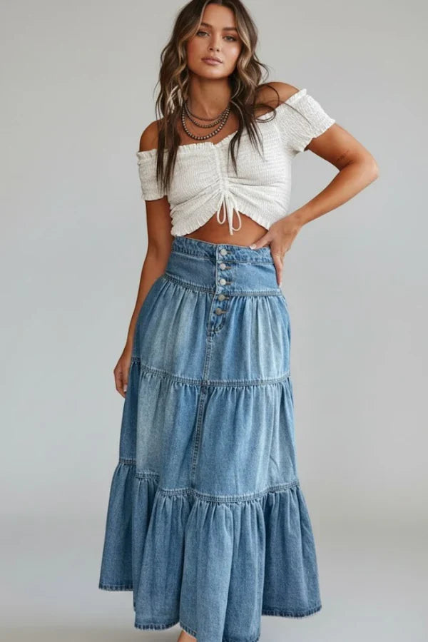 Soft Women's Denim Skirt – A-Line, Classic Mid-Length, Tiered, Button-Front, Denim, Casual Wear