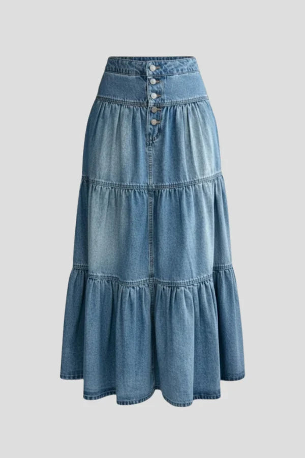 Soft Women's Denim Skirt – A-Line, Classic Mid-Length, Tiered, Button-Front, Denim, Casual Wear