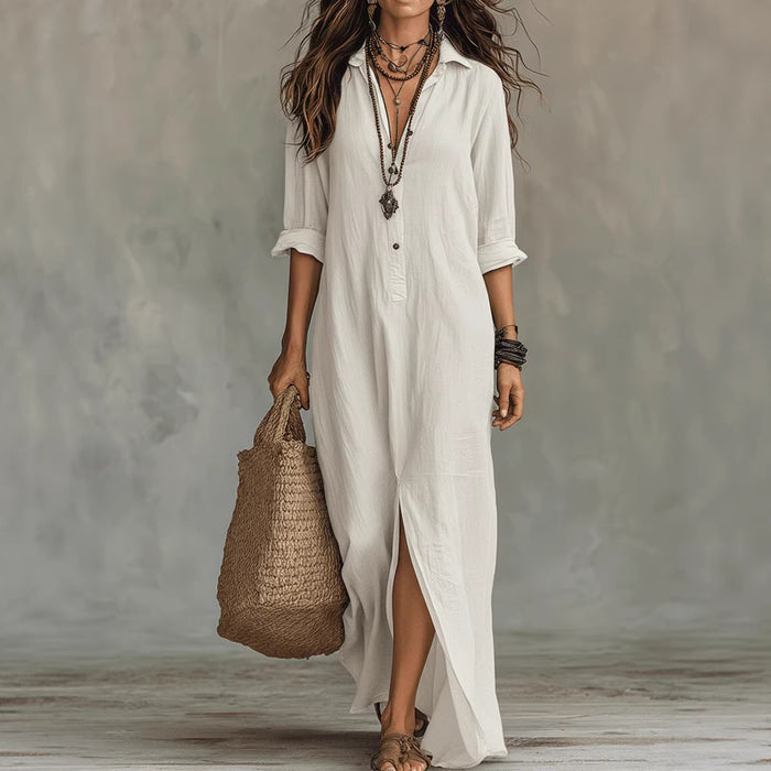 Soft women's flowy maxi dress - long-sleeve lapel-collar, solid, beach vacation