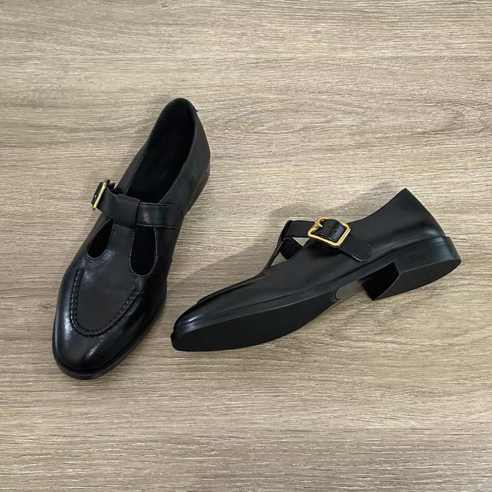 Soft women's pumps – T-Strap, round-toe, mid-heel, leather, for commuting