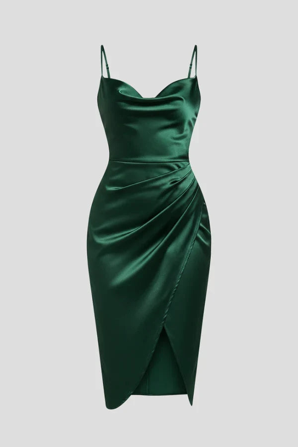 Soft Women's Satin Slip Dress - Flattering Cowl Neck, Spaghetti Straps, Midi-Length, For Evening Events
