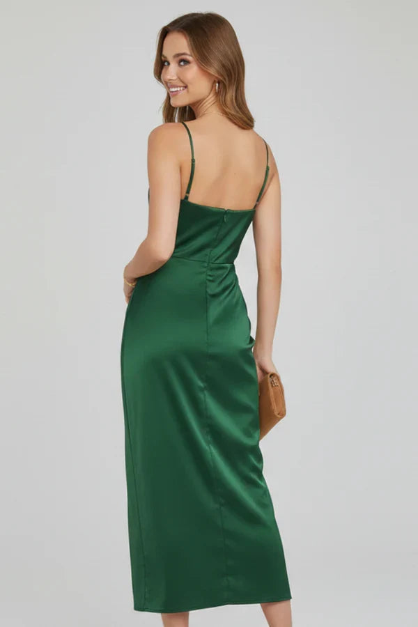 Soft Women's Satin Slip Dress - Flattering Cowl Neck, Spaghetti Straps, Midi-Length, For Evening Events