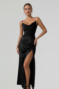 Soft Women's Satin Slip Dress - Flattering Cowl Neck, Spaghetti Straps, Midi-Length, For Evening Events