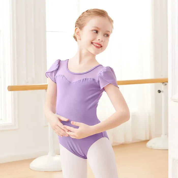 Stretchy girls' ballet leotard - short sleeve, back bow detail, cotton-elastane, for dance class