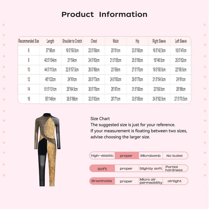 Stretchy Girls Unitard – Long Sleeve, Snakeskin, Polyester, Nylon, Elastane, For Ballet, Rhythmic Gymnastics
