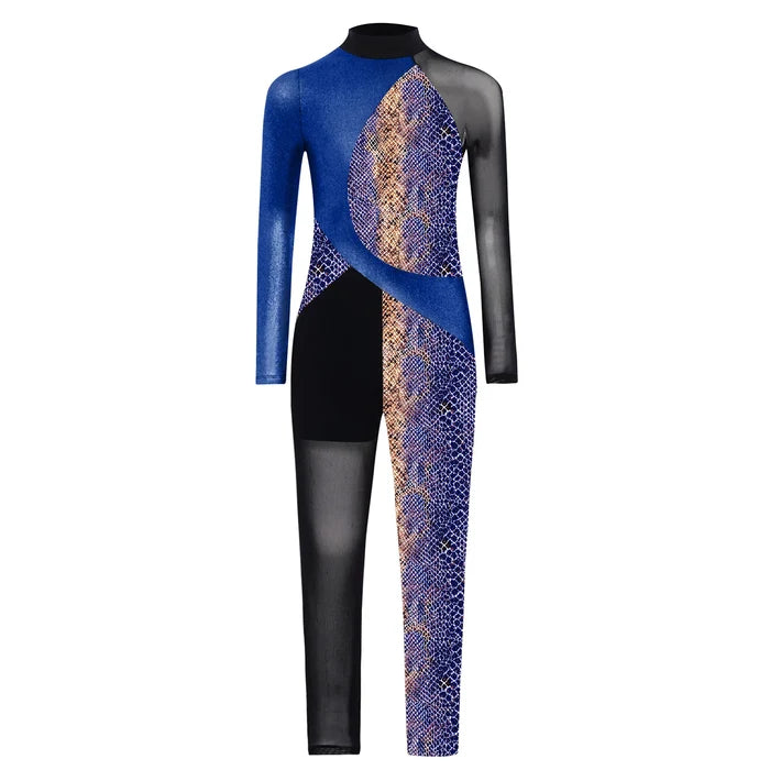 Stretchy Girls Unitard – Long Sleeve, Snakeskin, Polyester, Nylon, Elastane, For Ballet, Rhythmic Gymnastics