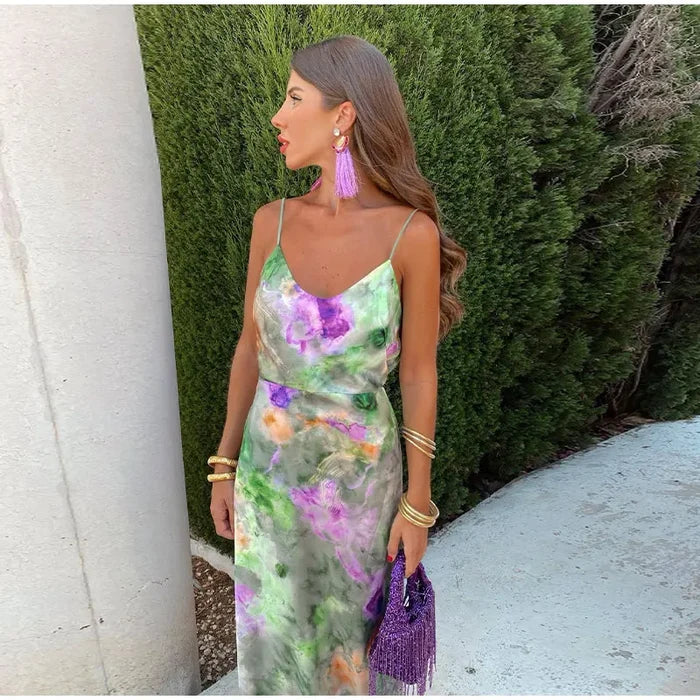 Vibrant Long Womens Dress with Removable Scarf and Modern Halo Print for Summer Events-3