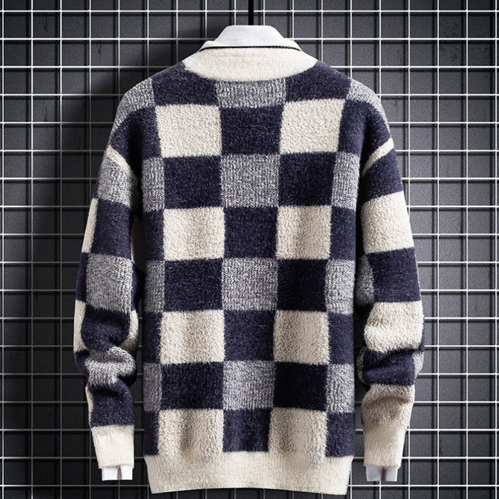 Warm Mens Crew Sweater - Checked Knit, Nylon, For Winter