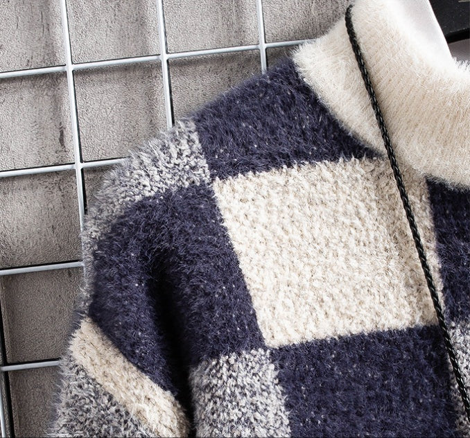 Warm Mens Crew Sweater - Checked Knit, Nylon, For Winter