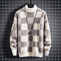 Warm Mens Crew Sweater - Checked Knit, Nylon, For Winter
