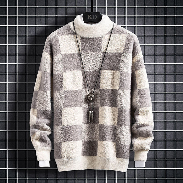 Warm Mens Crew Sweater - Checked Knit, Nylon, For Winter