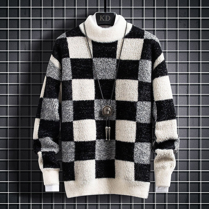 Warm Mens Crew Sweater - Checked Knit, Nylon, For Winter