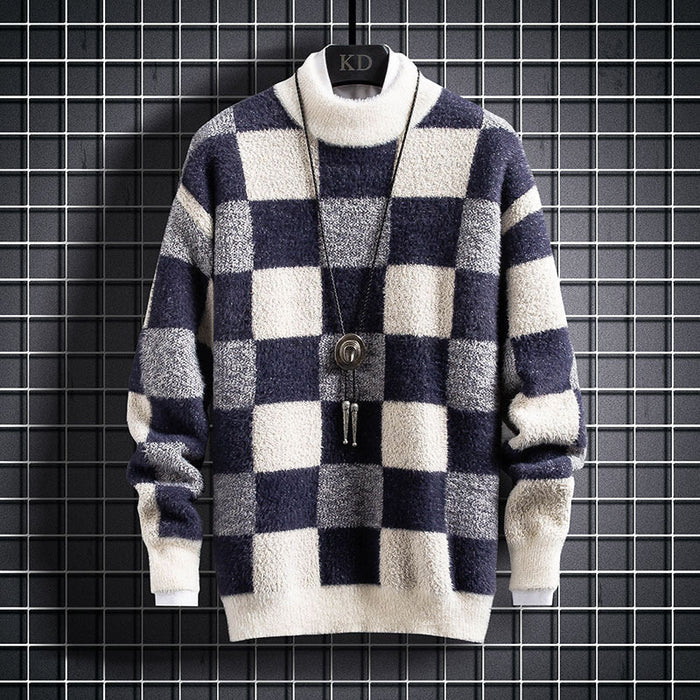 Warm Mens Crew Sweater - Checked Knit, Nylon, For Winter