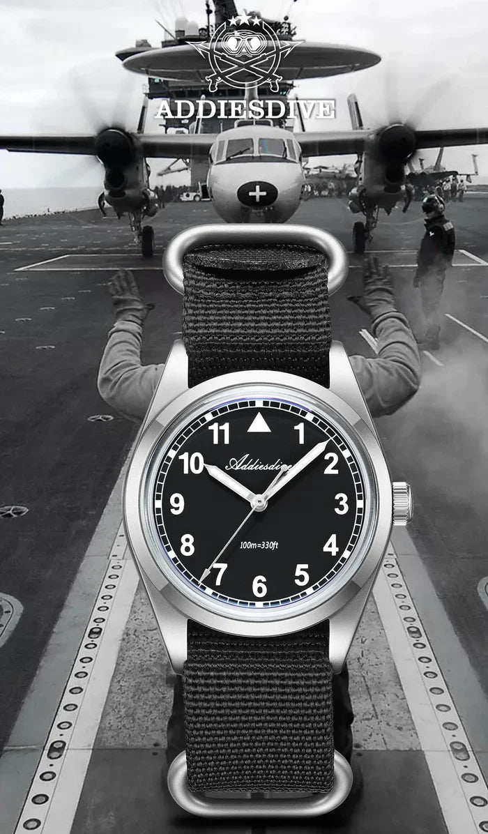Waterproof Diver Quartz Watch Luminous Hands, Nylon Strap, 100m Water Resistance