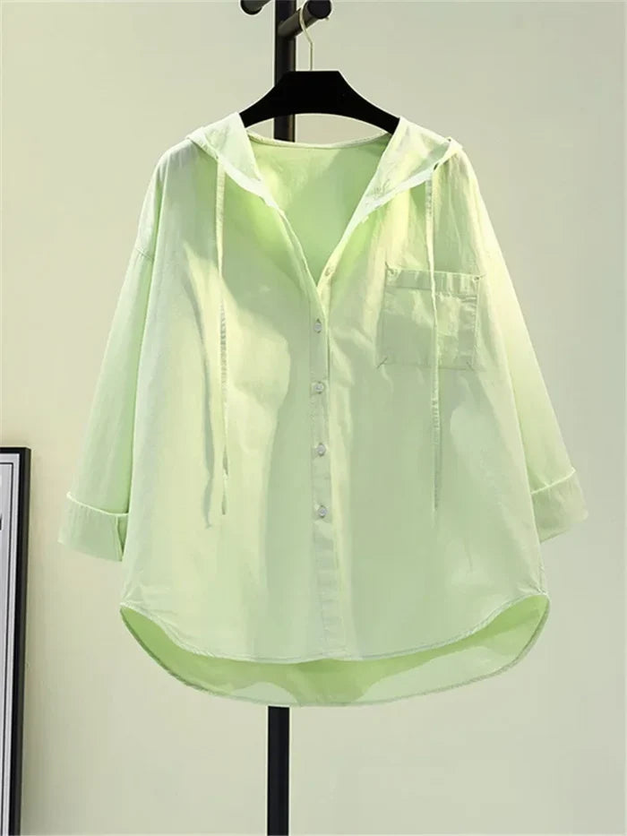 White Women's Blouse in Soft Cotton with Hood, Casual Relaxed Fit for Everyday Comfort and Style-4
