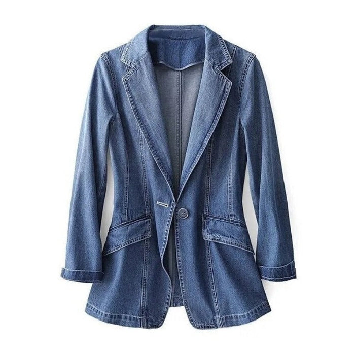 Women's Denim Blazer with Notched Lapel and Button Closure, Structured Cut for Casual and Semi-Formal Wear-2