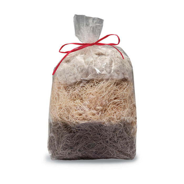 Woodland Treat Basket Refill: A clear cellophane bag with a red ribbon, containing three layers of natural nesting material for birds: cotton, aspen, and Spanish moss.