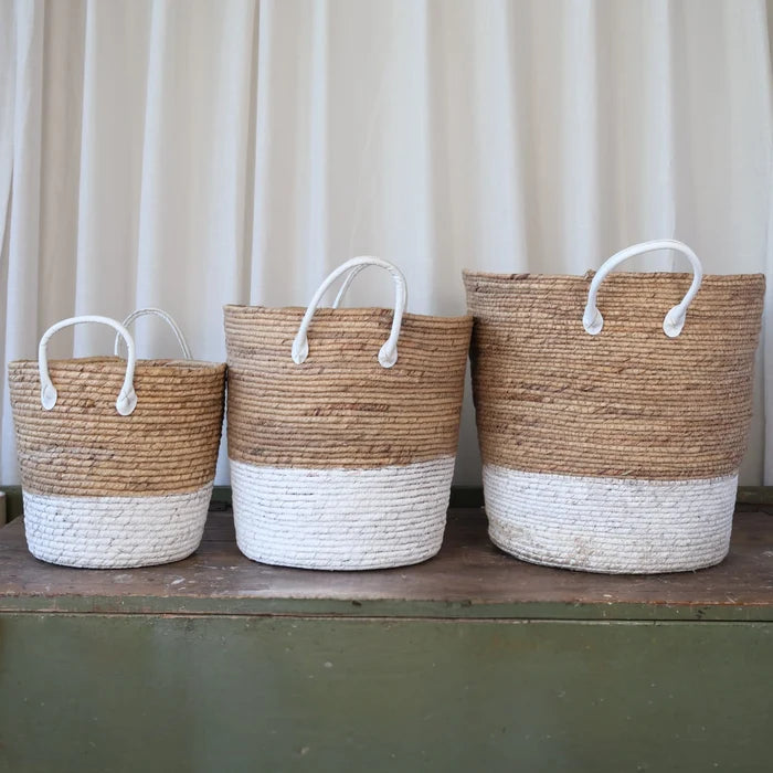 Woven Basket With White Leather Handle Medium